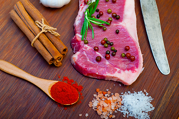 Image showing raw uncooked  ribeye beef steak butcher selection