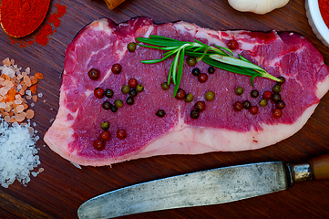 Image showing raw uncooked  ribeye beef steak butcher selection