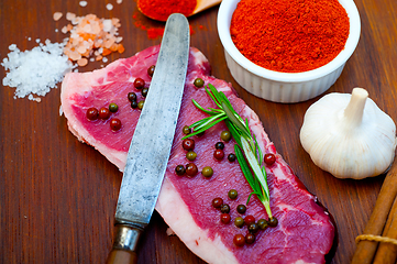 Image showing raw uncooked  ribeye beef steak butcher selection