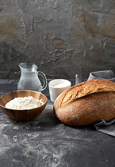 Image showing bread, wheat flour, salt and water in glass jug