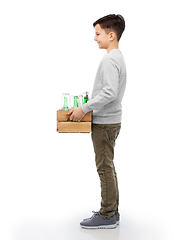 Image showing smiling boy with wooden box sorting glass waste