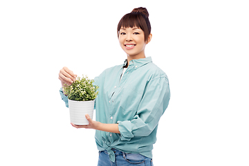 Image showing happy smiling asian woman holding flower in pot