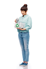 Image showing smiling young asian woman sorting metallic waste