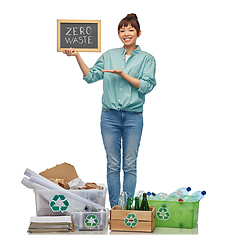 Image showing asian woman with zero waste words on chalkboard