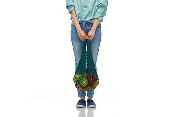 Image showing asian woman with food in reusable string bag