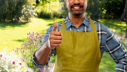 Image showing indian male gardener showing thumbs up at garden