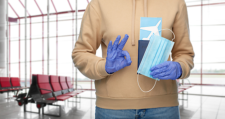 Image showing woman with mask, passport and ticket shows ok sign