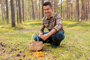 Image showing happy man with basket picking mushrooms in forest