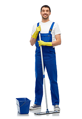 Image showing male cleaner cleaning floor with mop and bucket