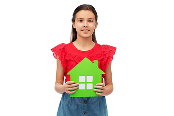 Image showing smiling little girl holding green house icon