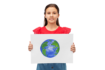 Image showing smiling girl holding drawing of earth planet