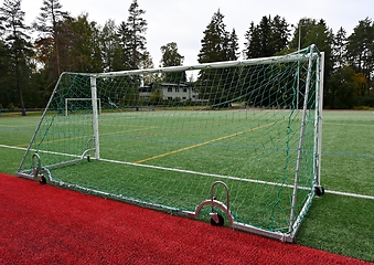 Image showing soccerl goal on wheels in a stadium 