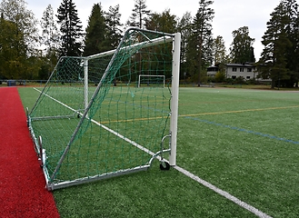 Image showing soccerl goal on wheels in a stadium 