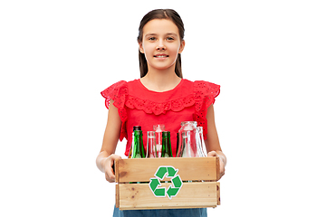 Image showing smiling girl with wooden box sorting glass waste