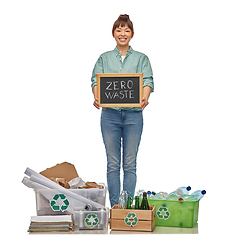 Image showing asian woman with zero waste words on chalkboard