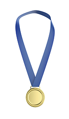 Image showing Gold medal with blue ribbon