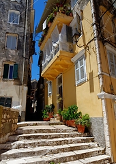 Image showing Colorful old house in narrow street in Kerkyra city, Corfu island, Greece