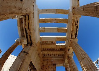 Image showing Low angle fisheye view of Propilea (Acropolis entrance), Athens, Greece