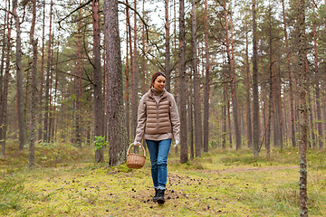 Image showing young woman picking mushrooms in autumn forest