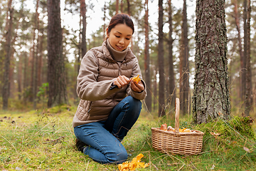 Image showing young woman picking mushrooms in autumn forest