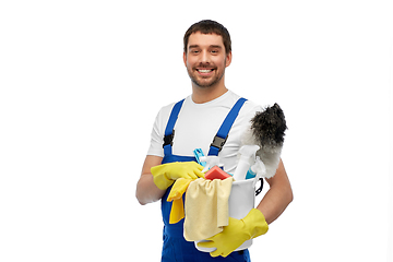 Image showing male cleaner in overall with cleaning supplies