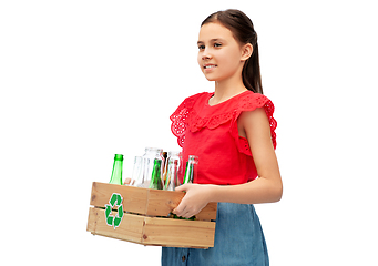 Image showing smiling girl with wooden box sorting glass waste