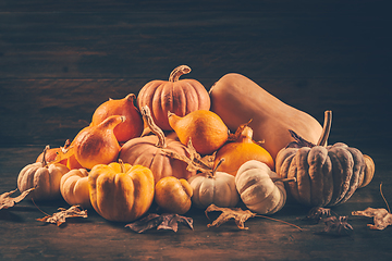 Image showing Assortment of pumpkins with autumn leaves on wooden background