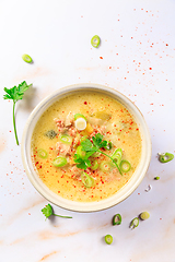 Image showing Delicious homemade leek soup with minced meat and chili