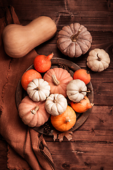 Image showing Autumn still life with assorted pumpkins on wooden surface in vi