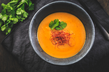 Image showing Roasted pumpkin and carrot soup with  red lentils, ginger and chili