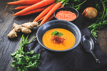 Image showing Roasted pumpkin and carrot soup with  red lentils, ginger and ch