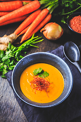 Image showing Roasted pumpkin and carrot soup with  red lentils, ginger and chili