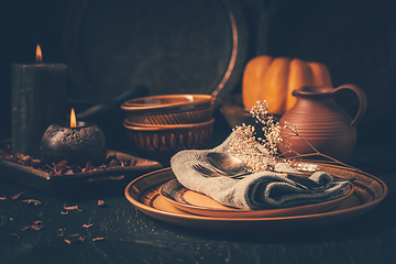 Image showing Restaurant autumn table setting. Thanksgiving holiday Place sett