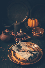 Image showing Restaurant autumn table setting. Thanksgiving holiday Place setting autumn decoration.