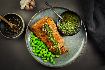 Image showing Grilled pork steak with edamame beans and Chimichurri sauce