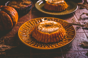 Image showing Pumpkin mini pie, tartlet made for Thanksgiving day on old wooden background