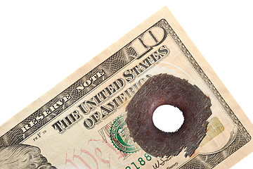 Image showing ten dollar with bullet hole