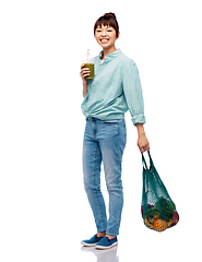 Image showing asian woman with drink and food in reusable bag