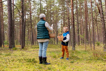 Image showing grandmother photographing grandson with mushrooms