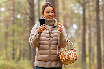 Image showing asian woman using smartphone to identify mushroom