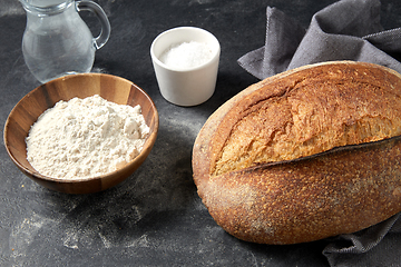 Image showing bread, wheat flour, salt and water in glass jug