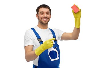 Image showing male cleaner cleaning with sponge and detergent