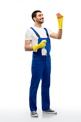 Image showing male cleaner cleaning with sponge and detergent