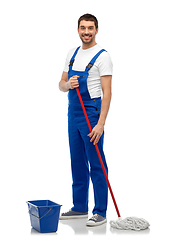 Image showing male cleaner cleaning floor with mop and bucket