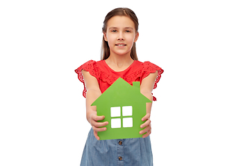 Image showing smiling little girl holding green house icon