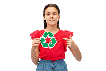 Image showing smiling girl holding green recycling sign