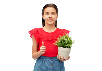 Image showing happy girl holding flower in pot showing thumbs up