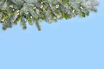 Image showing Christmas Snow Fir Mistletoe Background on Pastel Blue