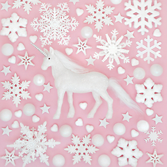 Image showing Mythical Unicorn with Snowflakes and White Tree Baubles