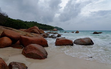 Image showing Tropical beach Anse Georgette at Praslin island, Seychelles, on cloudy day 